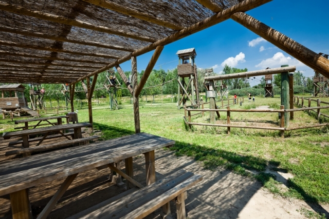 mesas de madera en la sombra y un parque de aventura en el fondo